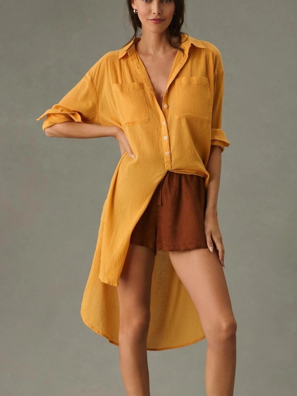 By Anthropologie Slub Cotton Duster Tunic Top Hi Low Coverup Mango Orange Large